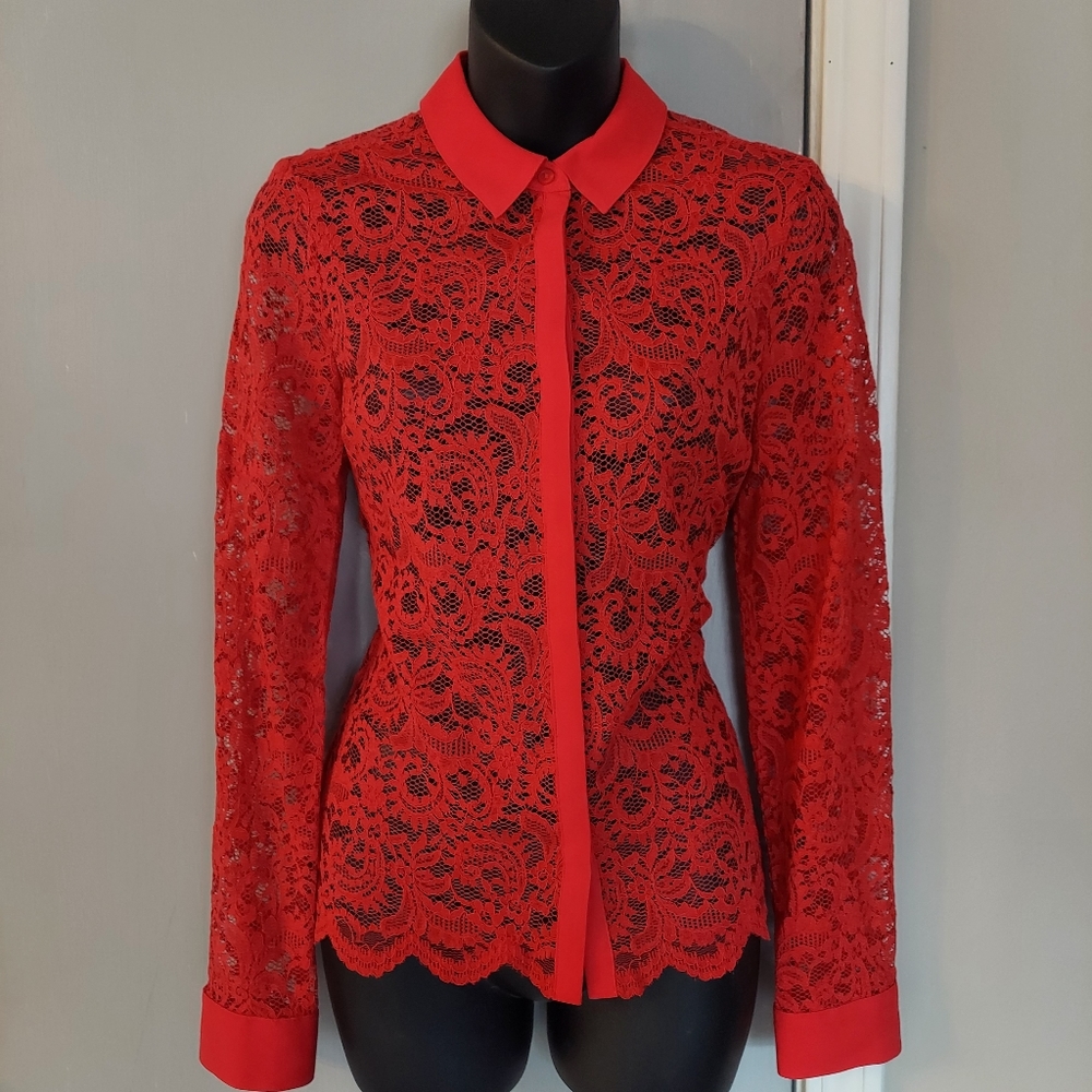 Express Red Lace Collared Button Down Top - image 1